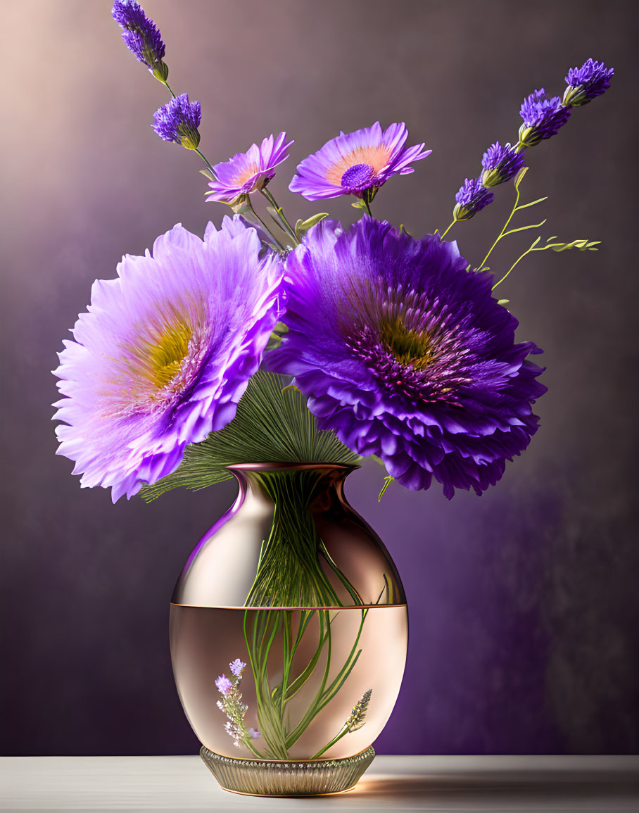 Purple Flowers Bouquet in Glossy Vase on Gradient Background