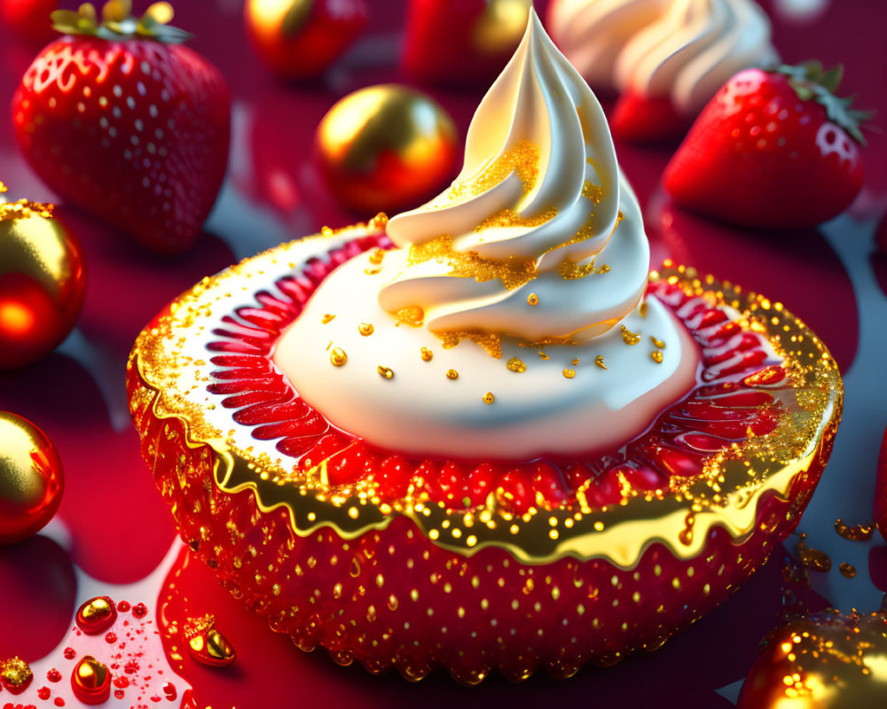 Golden-detailed strawberry with creamy topping and glossy orbs