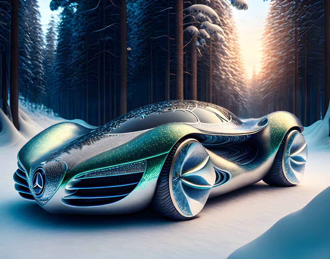 Sleek Mercedes Concept Car in Snowy Forest at Dusk