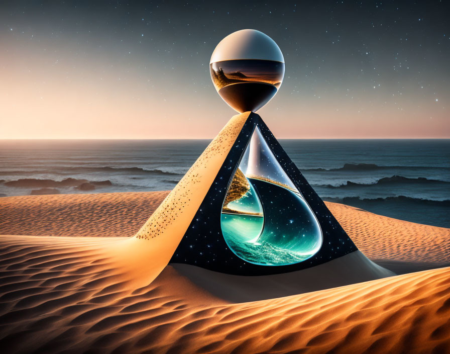 Geometric glass sculpture in desert twilight with starry sky and coastal scenery.