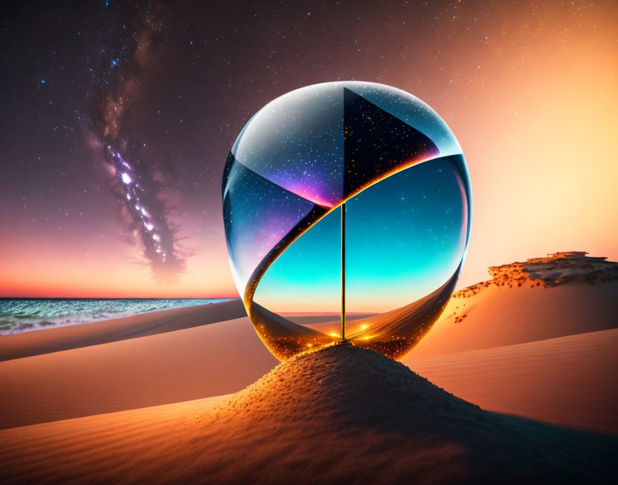 Crystal Sphere Reflects Cosmic Scene on Sandy Desert at Twilight