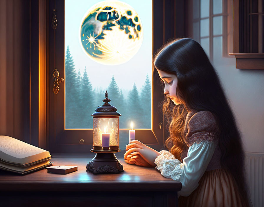 Young girl with long hair gazes at large moon by window with lantern and book.