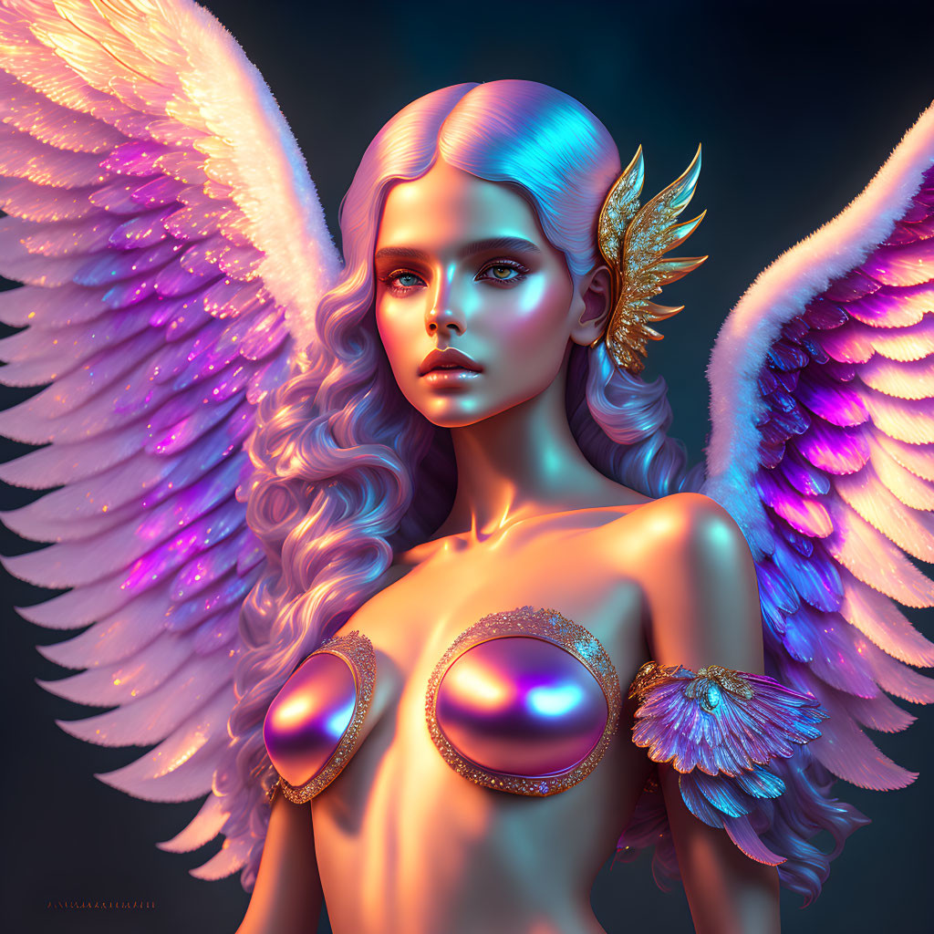 Fantasy digital artwork: Angelic figure with white wings & golden embellishments