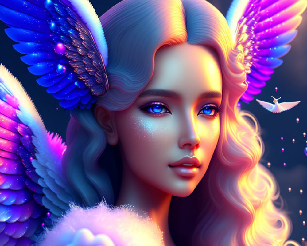 Surreal image of woman with blue butterfly wings ears in magical setting