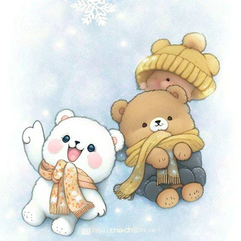 Three Cute Bears in Winter Hats and Scarves in Snowy Scene