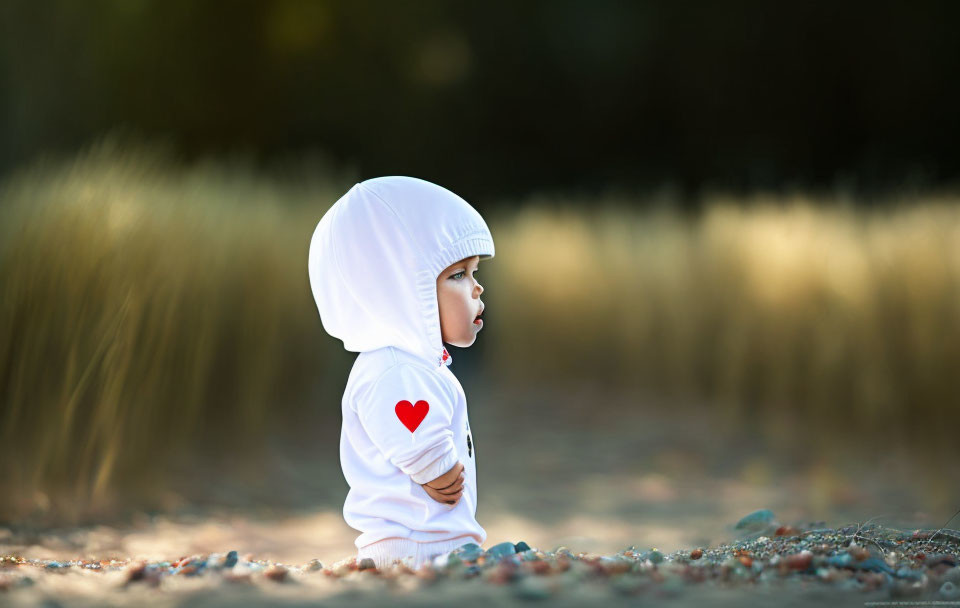 Toddler in White Hoodie with Red Heart, Sitting Outdoors