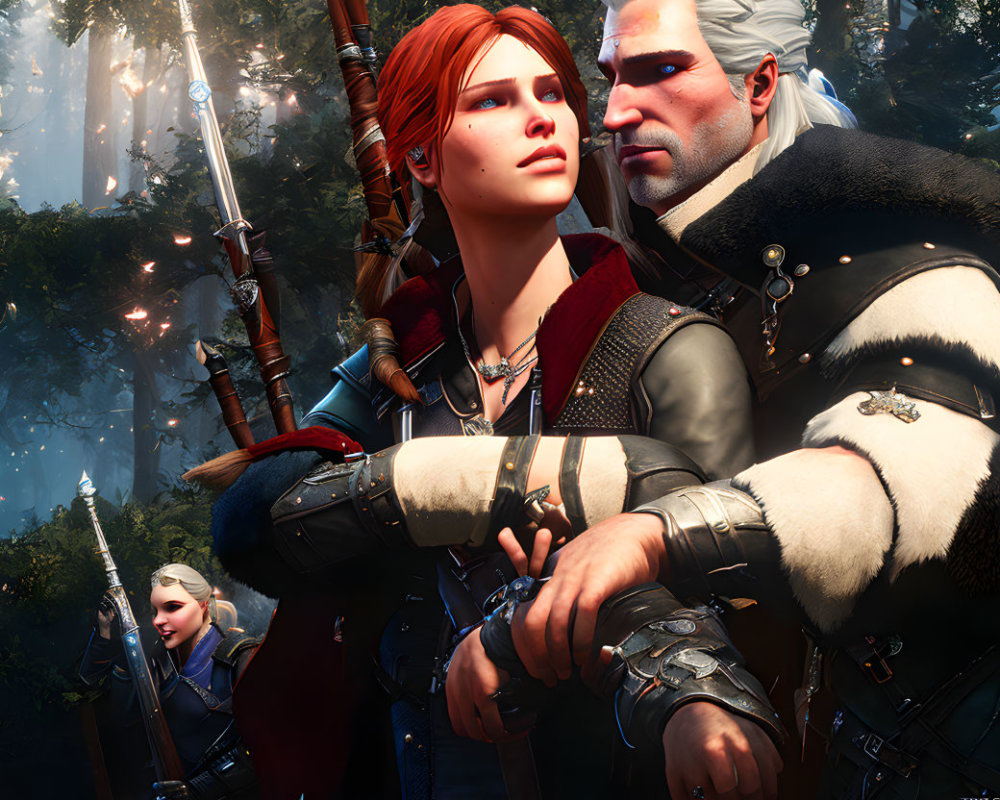 Digital artwork featuring Geralt of Rivia and Triss Merigold in mystical forest