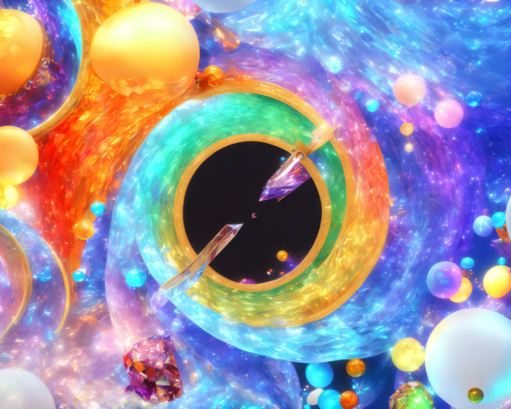 Colorful Abstract Art with Spheres, Crystals, and Portal Circle