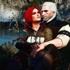 Digital artwork featuring Geralt of Rivia and Triss Merigold in mystical forest