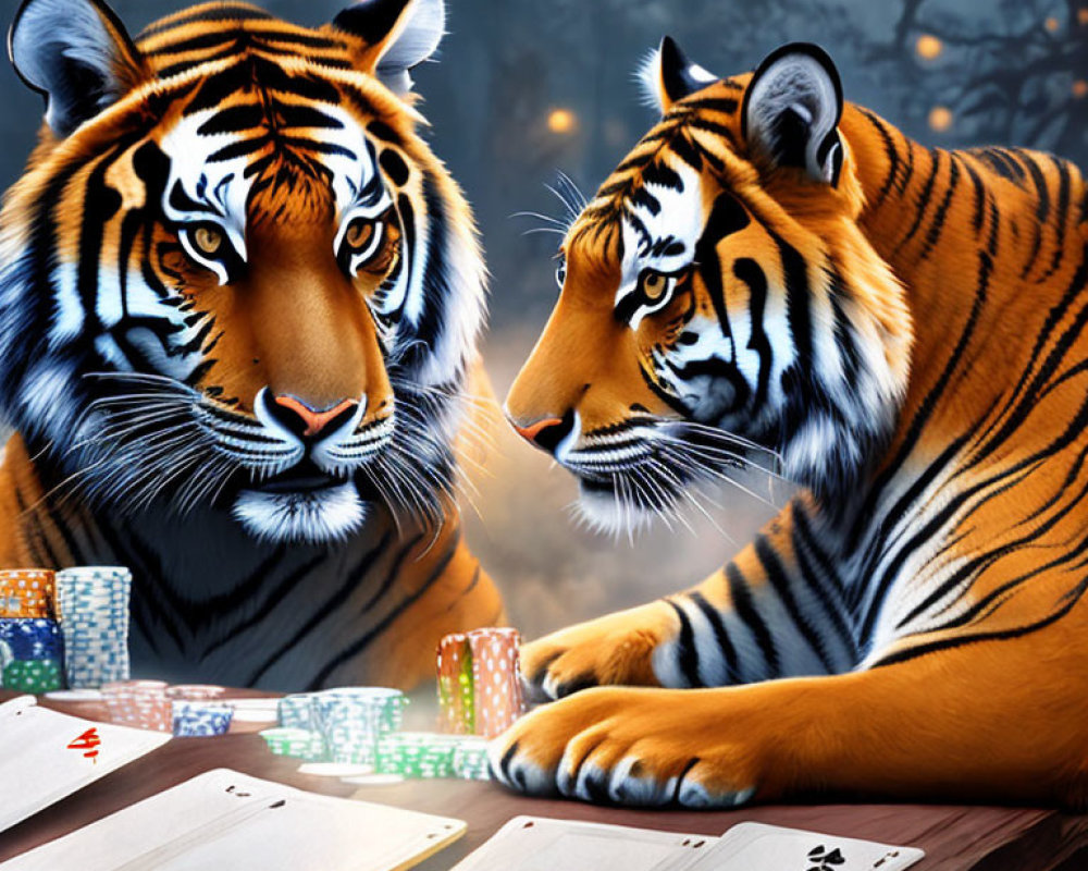 Two animated tigers playing cards in misty forest setting
