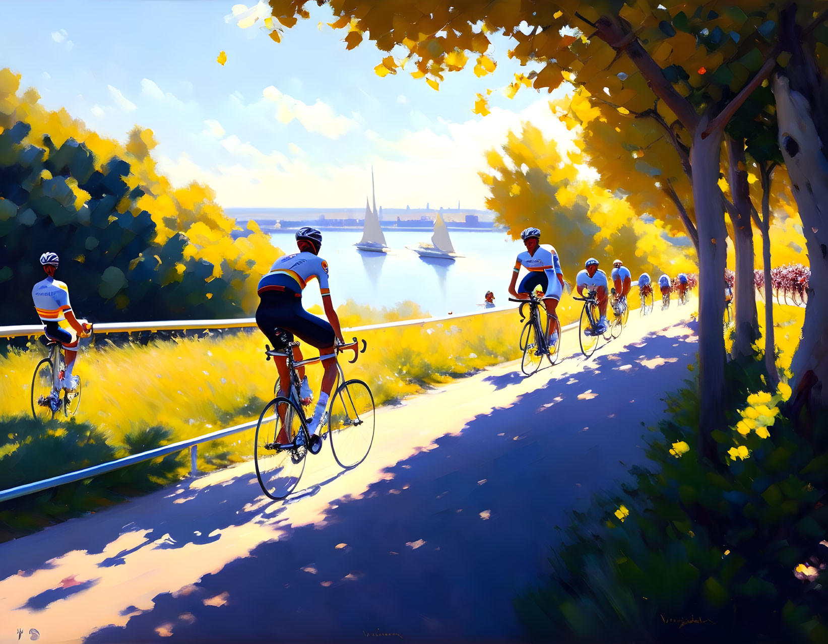 Cyclists on Sunny Path with Sailboats and Flowers
