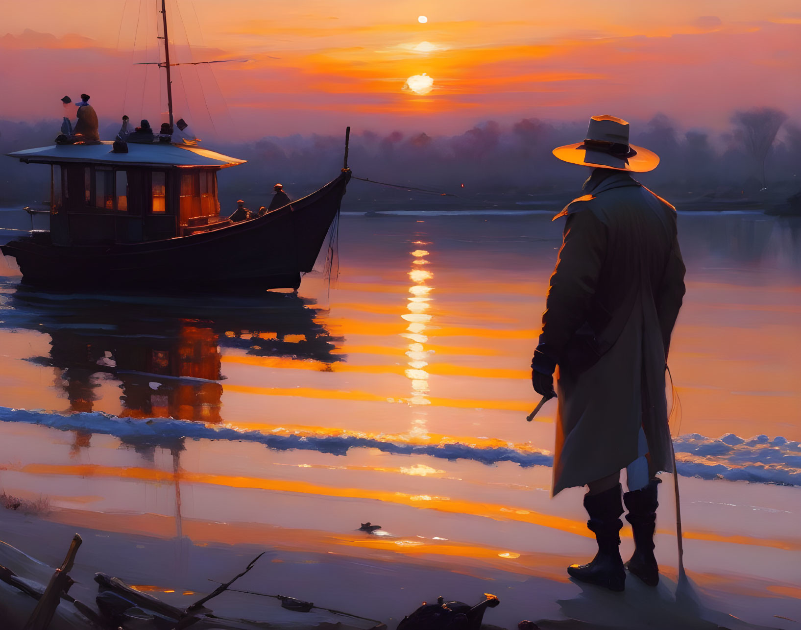 Person in Long Coat and Hat Watches Boat on Serene River at Sunset
