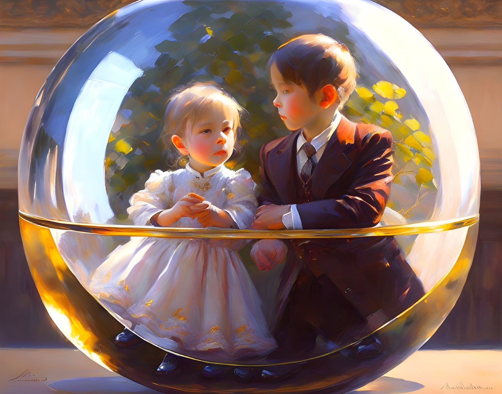 Children in formal attire inside transparent sphere with warm backdrop