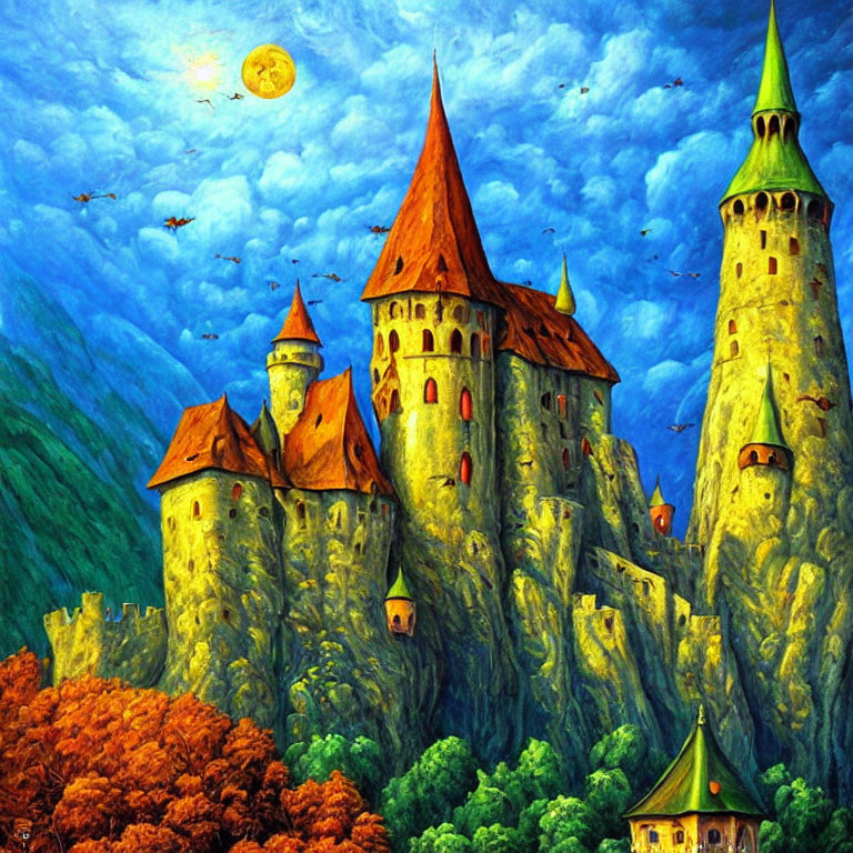 Colorful fairy tale castle painting with spires under a full moon and birds