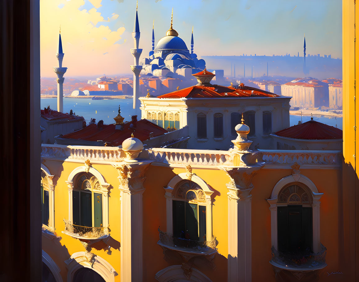 Orange Building Overlooking Blue Mosque and Cityscape at Sunset