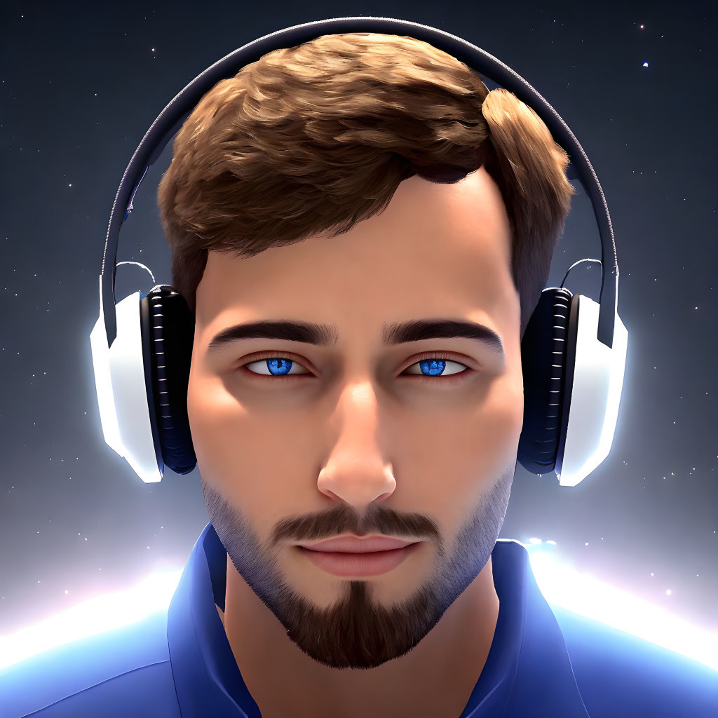 Young man's digital avatar with blue eyes and headset on starry background