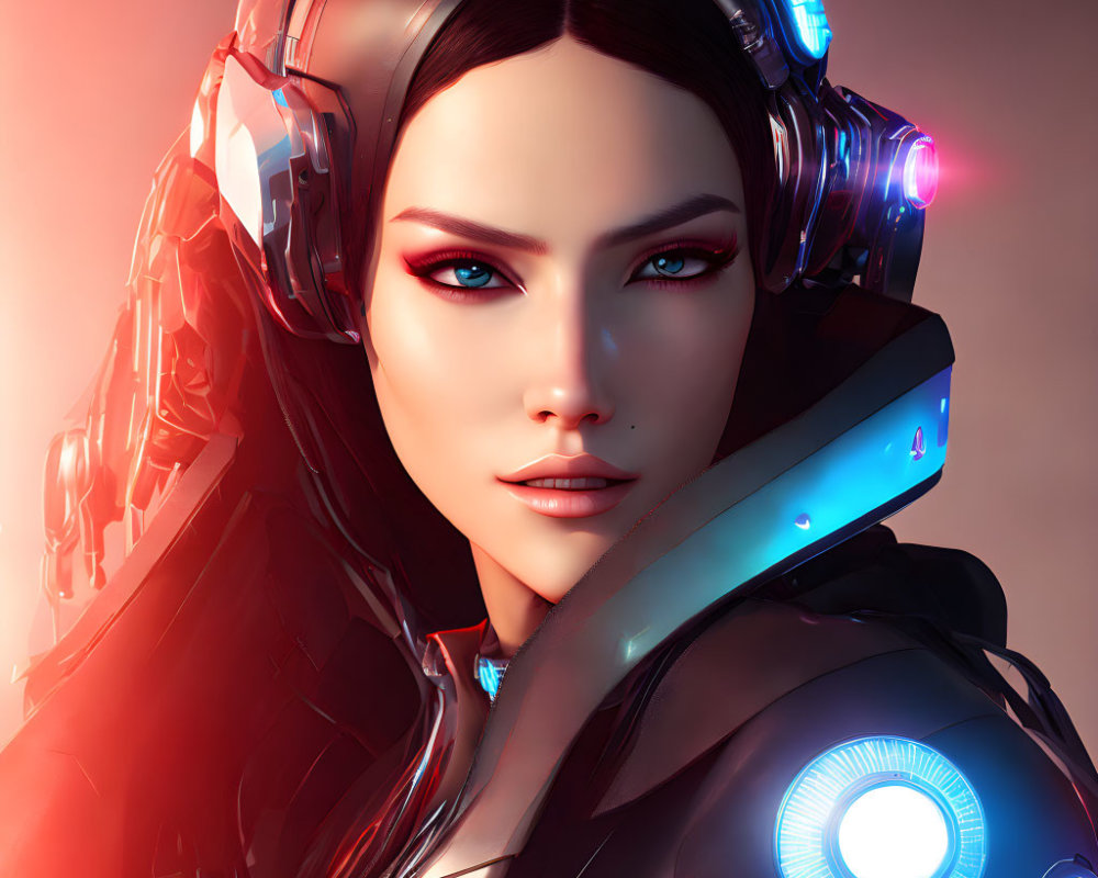 Digital artwork of woman with futuristic cybernetic enhancements and glowing elements
