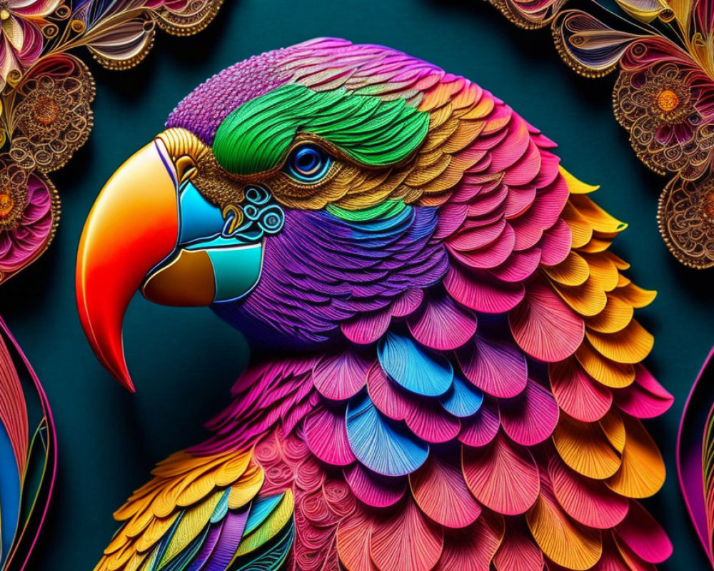 Colorful Parrot Digital Artwork with Detailed Feathers on Ornate Dark Background