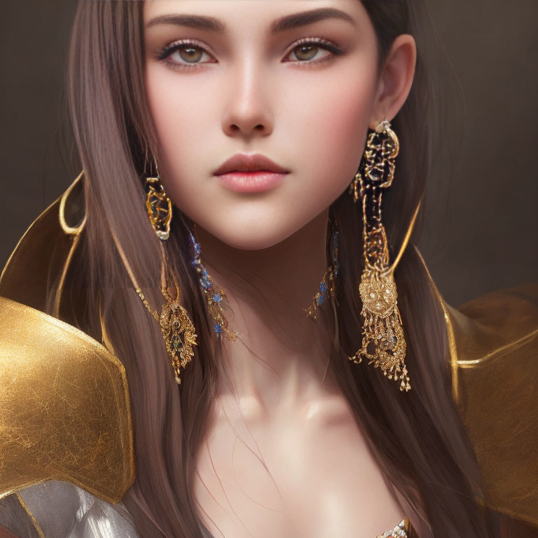 Detailed makeup and gold jewelry on woman against muted background
