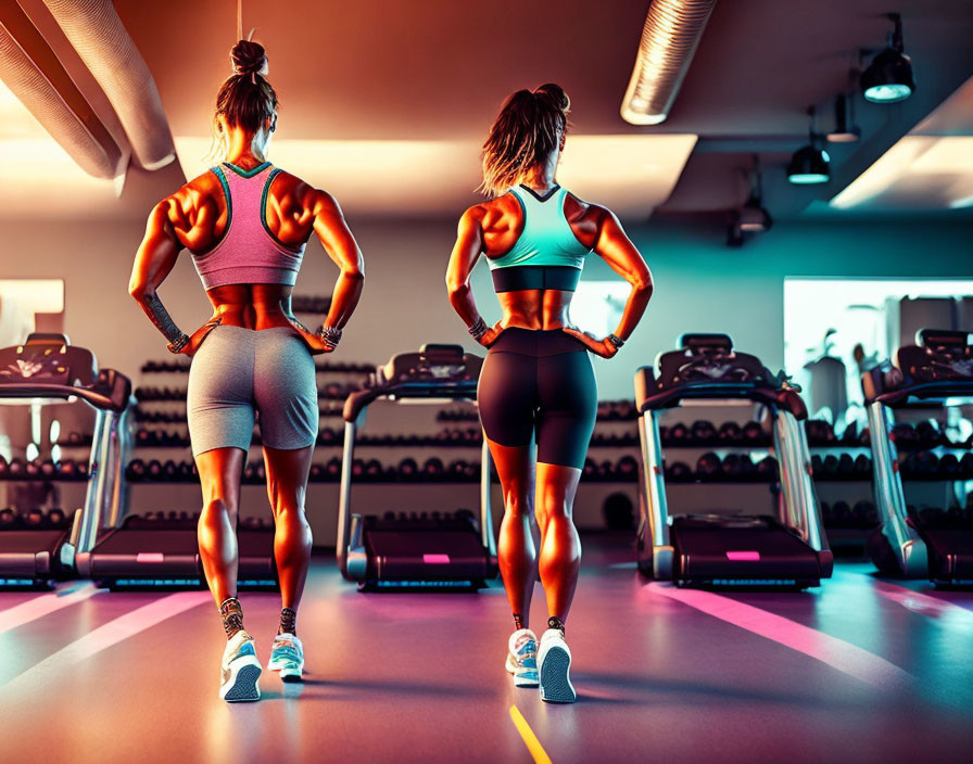Two women in athletic wear walking in gym with exercise machines.