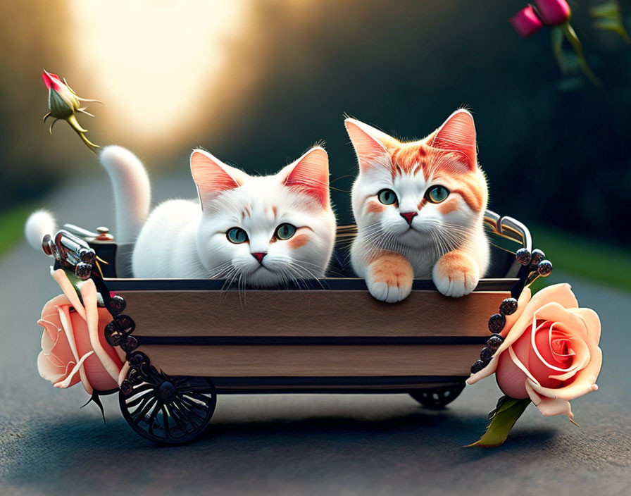 Two Kittens in Small Cart with Roses, White and Orange, Gazing Ahead