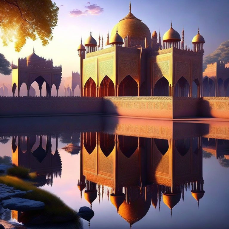 Sunset view of a golden palace reflected in water with arches and stones.