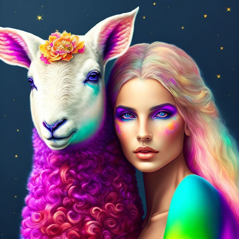 Colorful surreal illustration of woman and lamb with vibrant hues on starry background