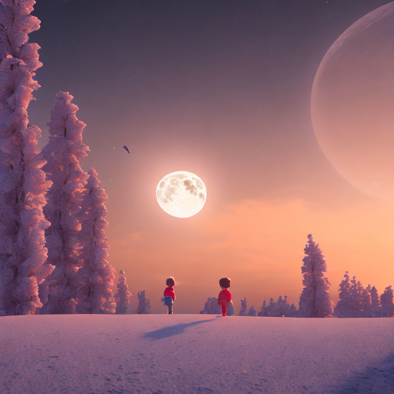 Two individuals under large moon and planet in snowy twilight forest.