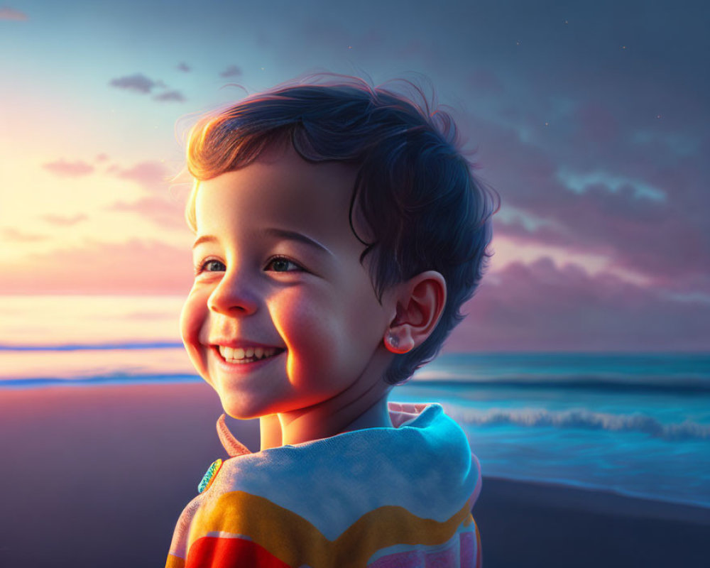 Child in towel at beach during sunset with stars in colorful sky