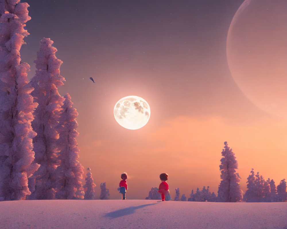 Two individuals under large moon and planet in snowy twilight forest.