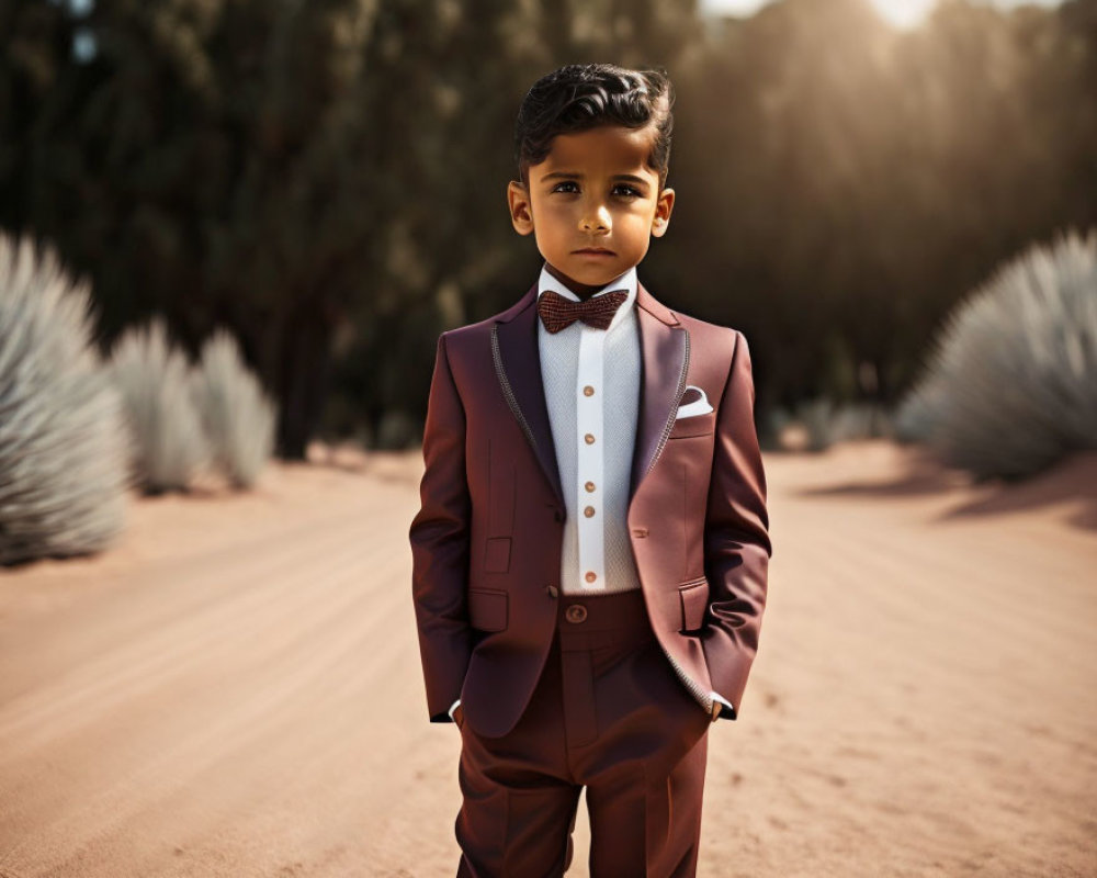 Young boy in maroon suit standing confidently in nature
