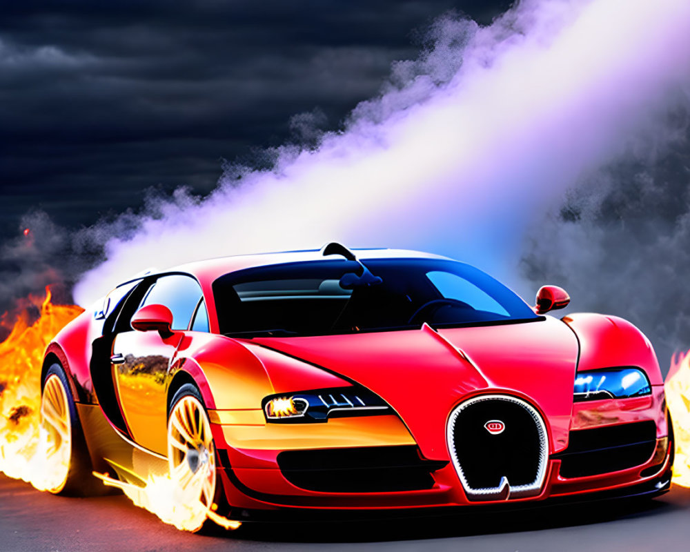Dynamic Red and Black Sports Car with Flames and Smoke Effects