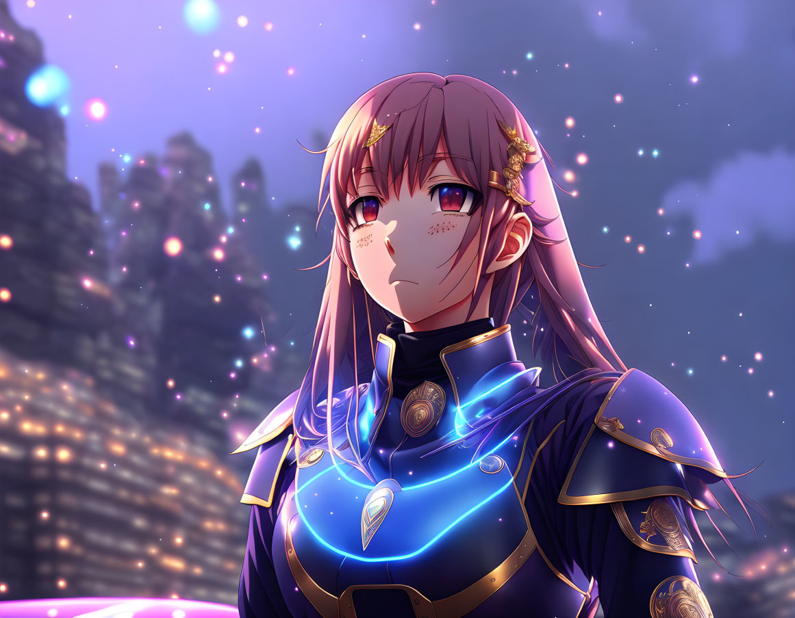 Pink-Haired Anime Character in Golden Armor Against Dusky Sky