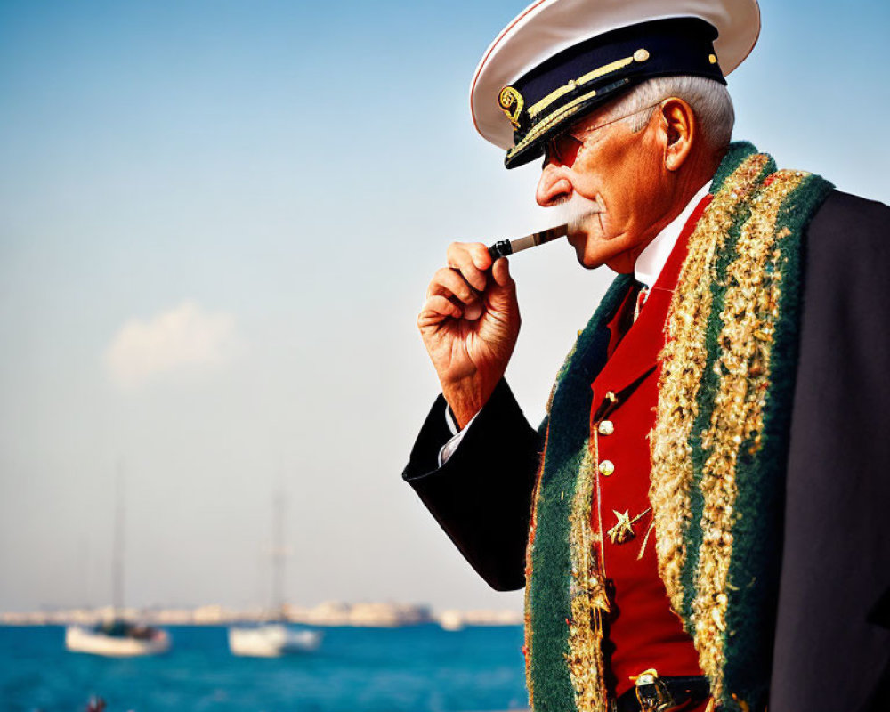 Elderly man in maritime uniform smoking pipe by the sea