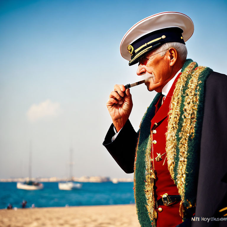 Elderly man in maritime uniform smoking pipe by the sea