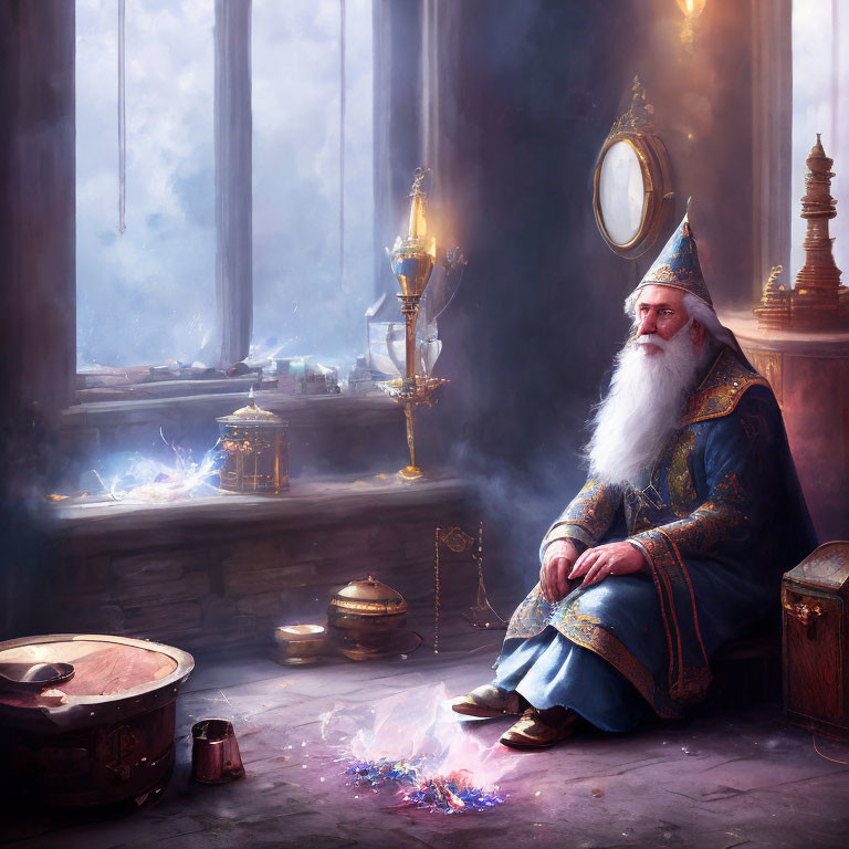 Elderly wizard in blue robes by mystical fire with cauldron and ancient books
