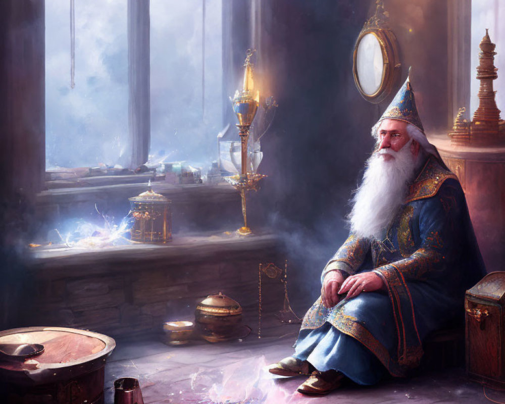 Elderly wizard in blue robes by mystical fire with cauldron and ancient books
