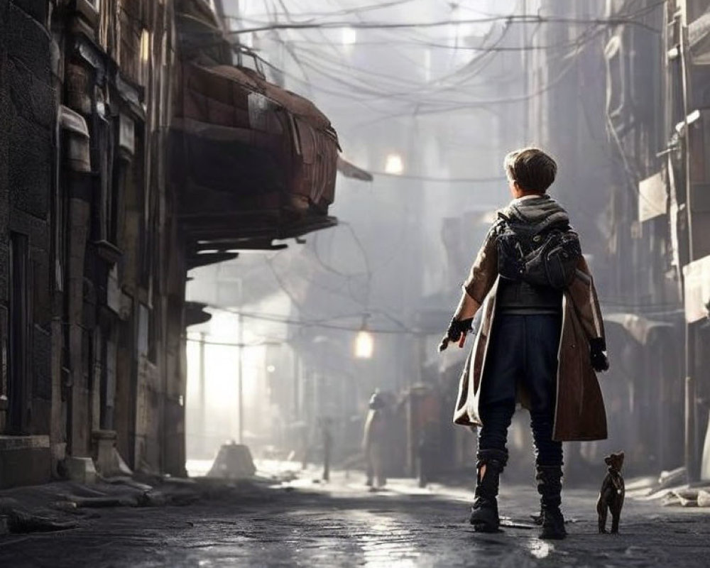 Boy and small dog in sunlit, desolate alley with debris and worn buildings.