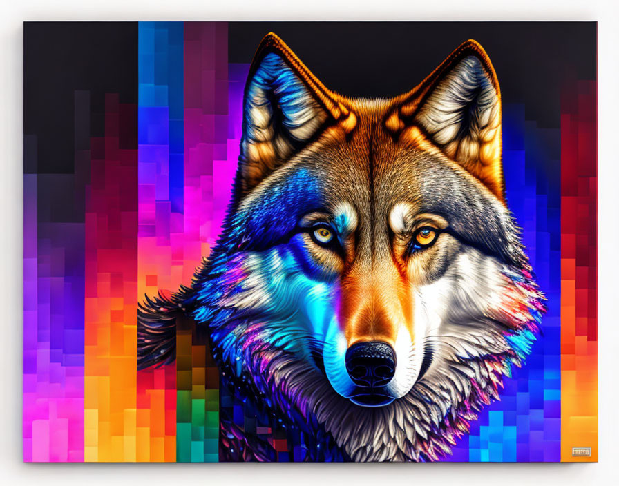 Colorful Pixelated Wolf Art on Transitioning Background