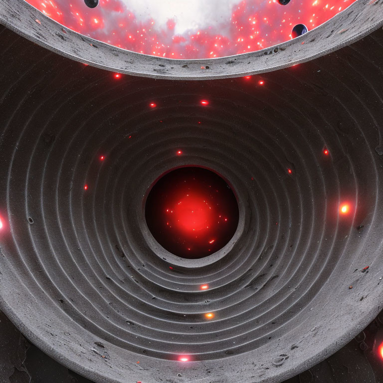 Abstract vortex with concentric circles and red particles on dark background
