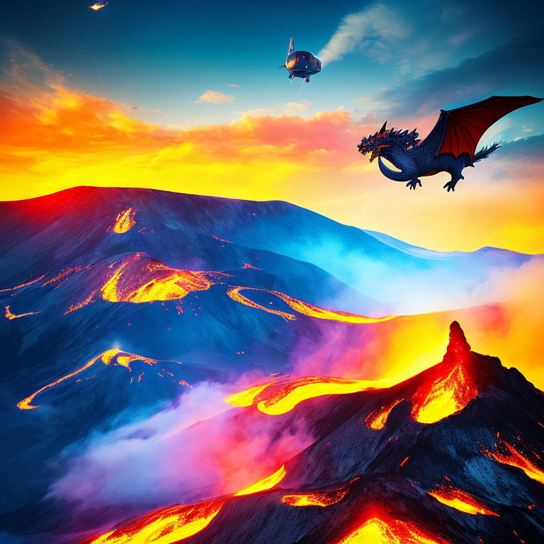 Dragon flying over vibrant volcanic landscape with molten lava flows and blimp at sunset