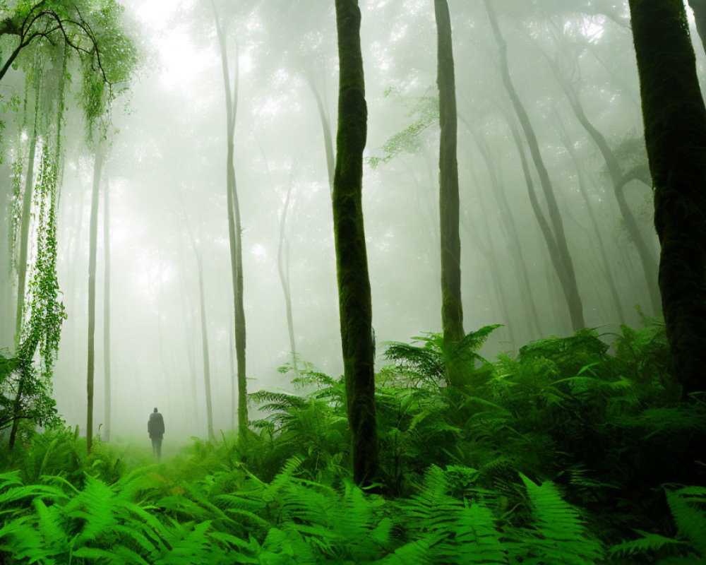 Solitary figure in misty green forest with tall trees and ferns