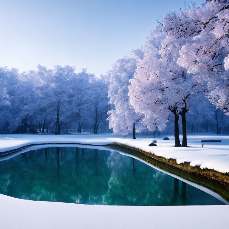Snow-covered trees reflecting in icy blue lake in serene winter landscape