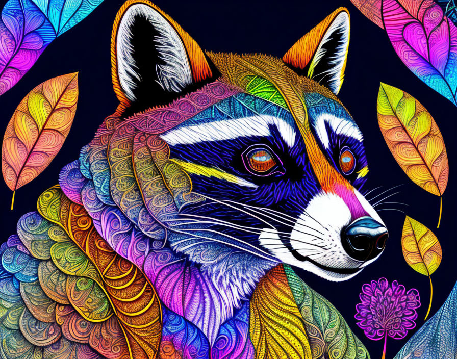 Colorful Racoon Illustration with Intricate Patterns on Dark Background
