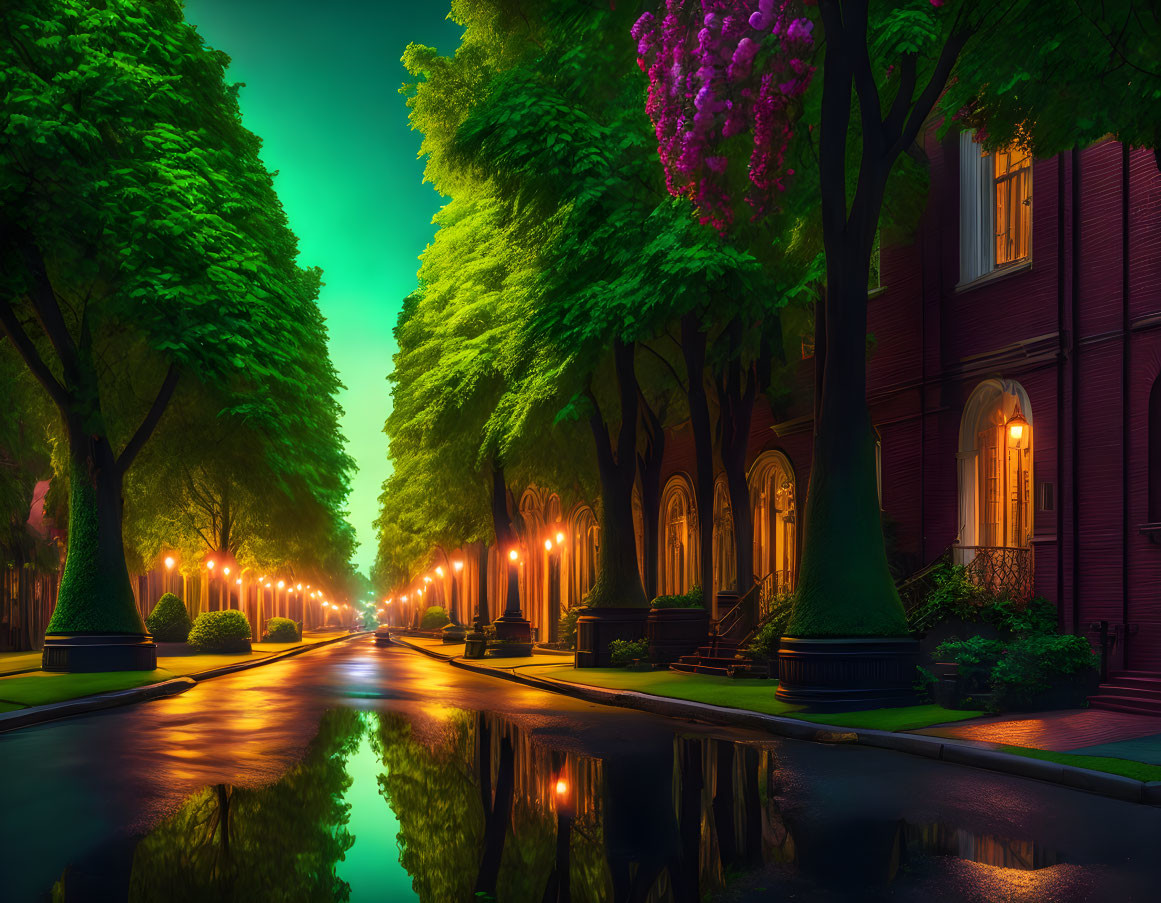 Night scene: Glowing streetlights, wet asphalt, tree-lined sidewalks, red brick houses