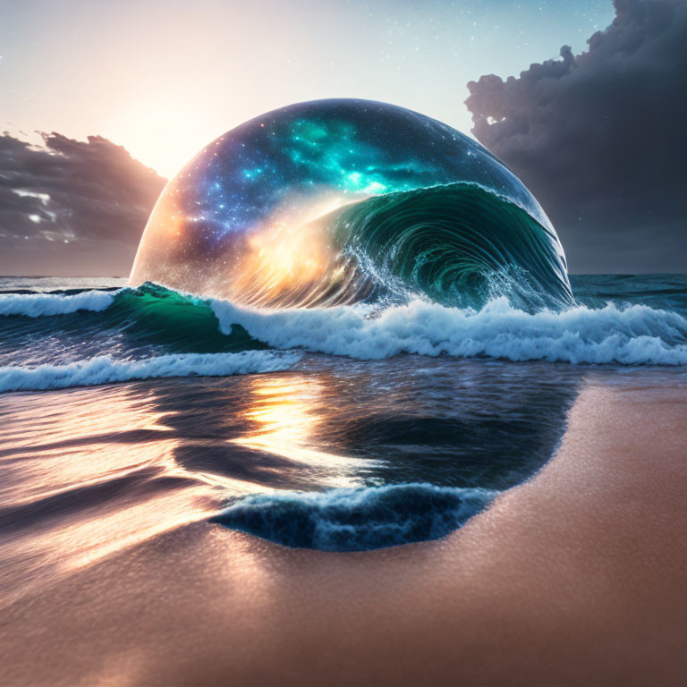Surreal wave with galaxy pattern cresting on sunset beach