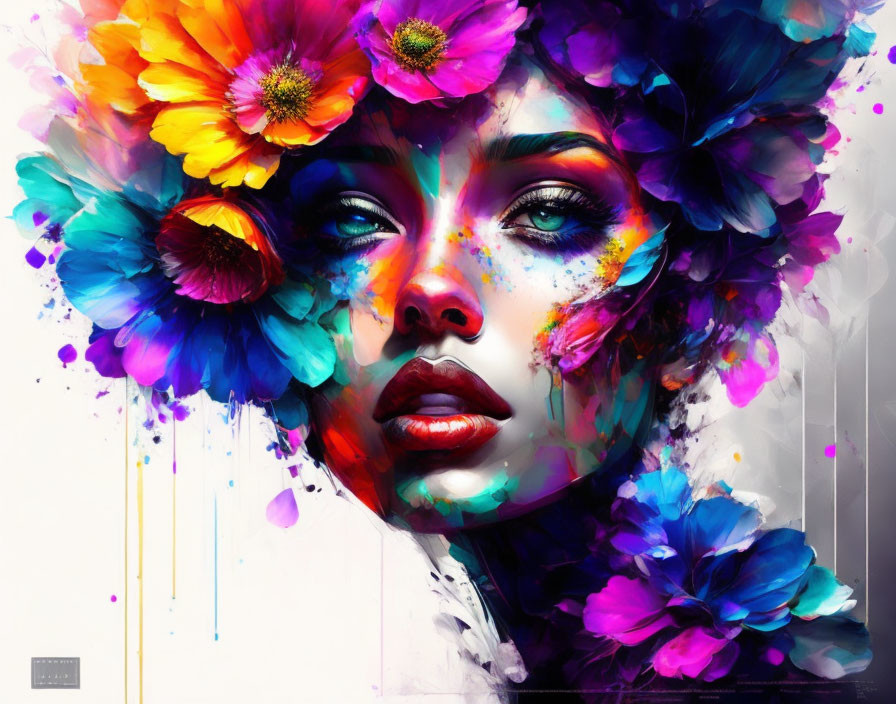 Colorful digital artwork: Woman with floral elements and paint drips