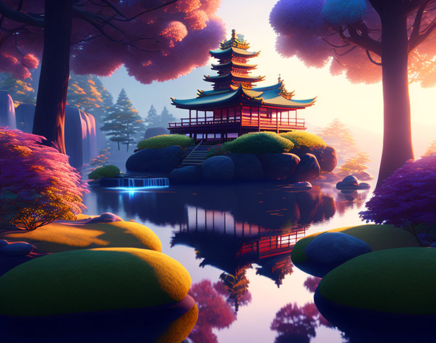 Serene Pagoda in Vibrant Gardens with Reflective Pond