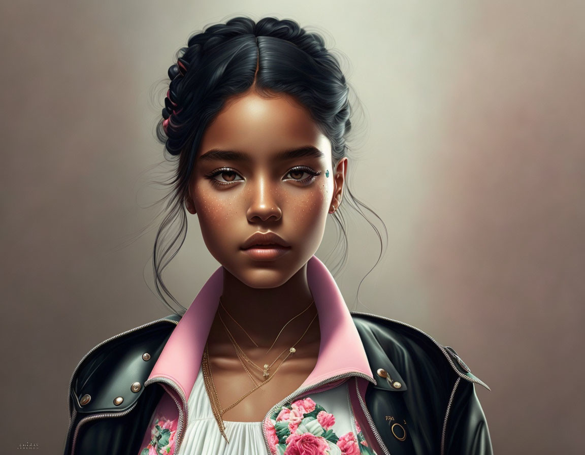 Digital portrait of young woman with braided hair and floral leather jacket