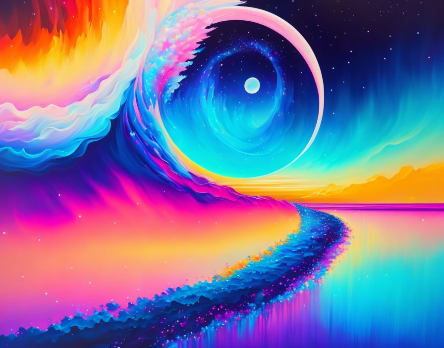 Colorful surreal landscape with psychedelic sky and neon shore